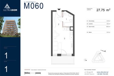 Rzut - Mieszkanie na sprzedaż 1 pokój o powierzchni 27,75 m² - numer M060 w Ultradom