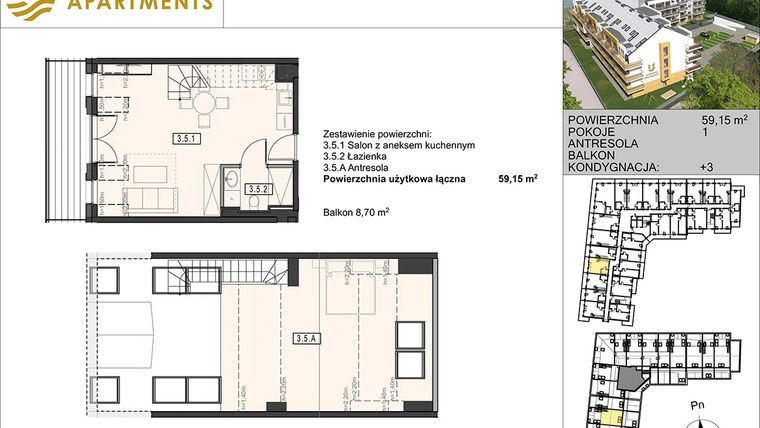 Rzut - Mieszkanie na sprzedaż 1 pokój o powierzchni 59,15 m² - numer 3.5 w Ustronie Apartments 20 m od plaży