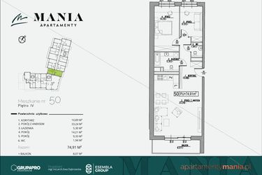 Rzut - Mieszkanie na sprzedaż 3 pokoje o powierzchni 74,91 m² - numer 50 w MANIA Apartamenty