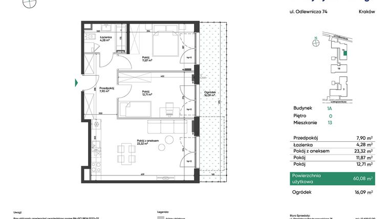 Rzut - Mieszkanie na sprzedaż 3 pokoje o powierzchni 60,08 m² - numer 1A_M13 w U Przybyszewskiego etap 4