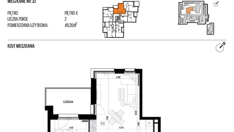 Rzut - Mieszkanie na sprzedaż 2 pokoje o powierzchni 49,35 m² - numer 22J/32 w NATURAMA II