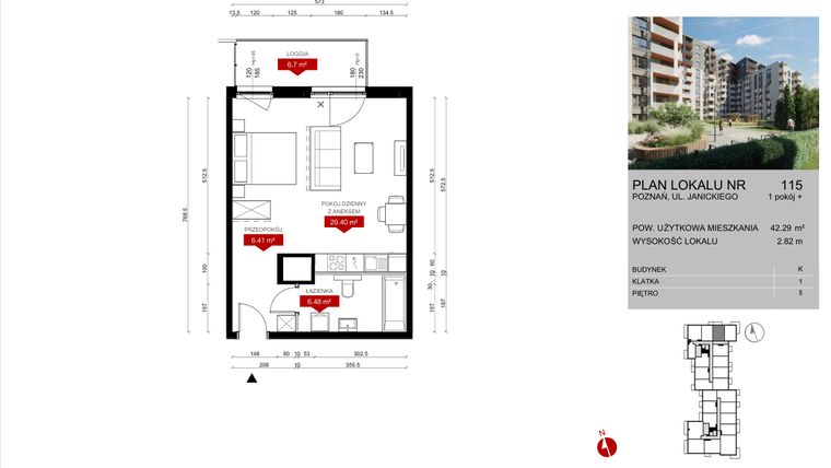 Rzut - Mieszkanie na sprzedaż 1 pokój o powierzchni 42,29 m² - numer K.115 w Wieża Jeżyce etap V