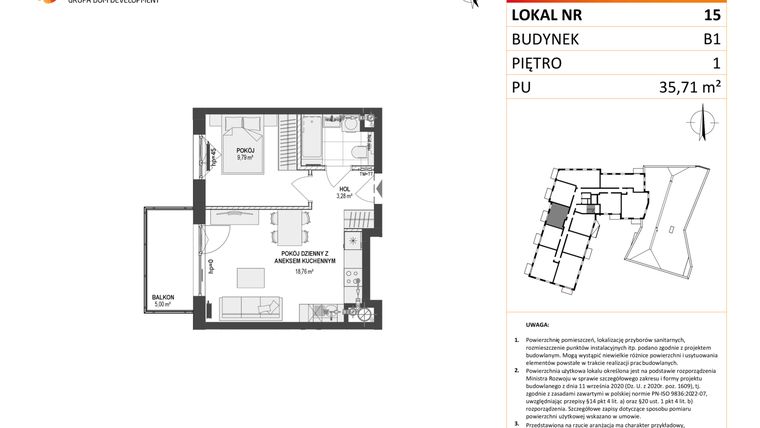 Rzut - Mieszkanie na sprzedaż 2 pokoje o powierzchni 35,71 m² - numer 15 w Leśna Góra
