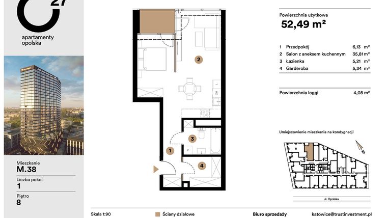 Rzut - Mieszkanie na sprzedaż 1 pokój o powierzchni 52,49 m² - numer M.38 w O27 Apartamenty Opolska
