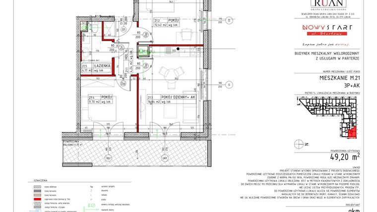Rzut - Mieszkanie na sprzedaż 3 pokoje o powierzchni 49,2 m² - numer 21 w Nowy Start
