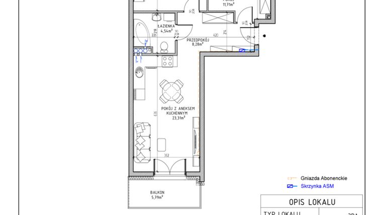 Rzut - Mieszkanie na sprzedaż 3 pokoje o powierzchni 60,48 m² - numer 45 w Harmonia bud. M3