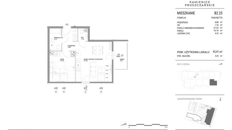 Rzut - Mieszkanie na sprzedaż 2 pokoje o powierzchni 42,41 m² - numer B2.25 w Kamienice Pruszczańskie