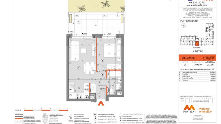 Rzut - Mieszkanie na sprzedaż 2 pokoje o powierzchni 39,43 m² - numer F1.C.01.02 w Splot Wola