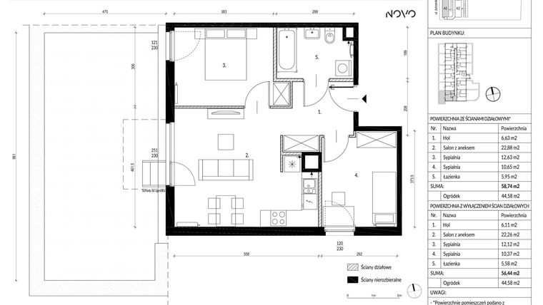 Rzut - Mieszkanie na sprzedaż 3 pokoje o powierzchni 58,74 m² - numer A1.03 w Osiedle NOVO