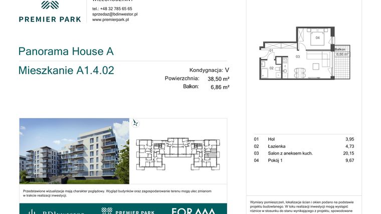 Rzut - Mieszkanie na sprzedaż 2 pokoje o powierzchni 38,5 m² - numer A1.4.02 w Premier Park II
