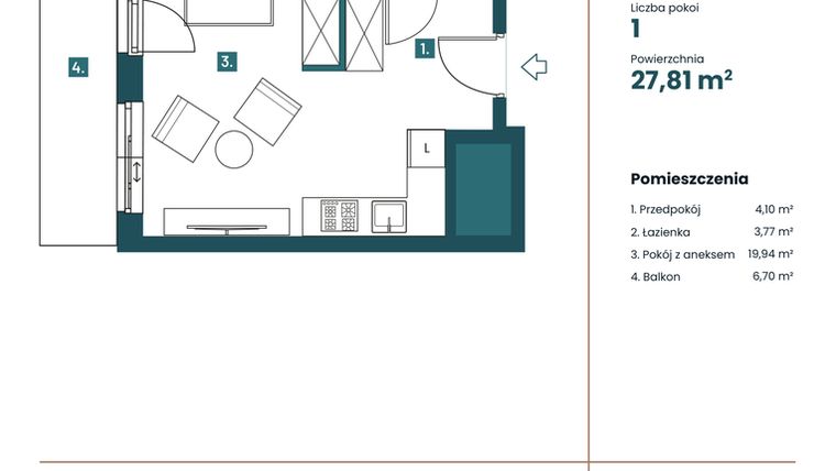 Rzut - Mieszkanie na sprzedaż 1 pokój o powierzchni 28,22 m² - numer M107 w Sea Breeze