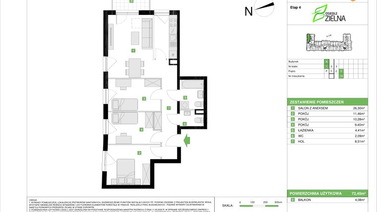 Rzut - Mieszkanie na sprzedaż 4 pokoje o powierzchni 72,45 m² - numer A.19 w Osiedle Zielna IV