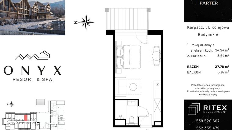 Rzut - Mieszkanie na sprzedaż 1 pokój o powierzchni 27,78 m² - numer 00.A15 w Onyx Resort & Spa