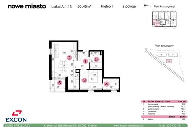 Rzut - Mieszkanie na sprzedaż 2 pokoje o powierzchni 50,45 m² - numer A-1-13 w Nowe Miasto