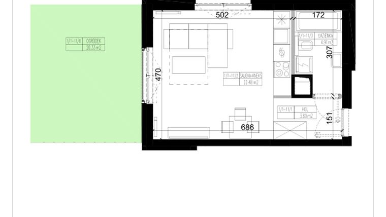 Rzut - Mieszkanie na sprzedaż 1 pokój o powierzchni 31,19 m² - numer 1.11 w Ogrody Wiślane etap VI