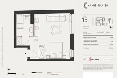 Rzut - Mieszkanie na sprzedaż 1 pokój o powierzchni 34,83 m² - numer 4.13 w Kamienna 28 - apartamenty inwestycyjne