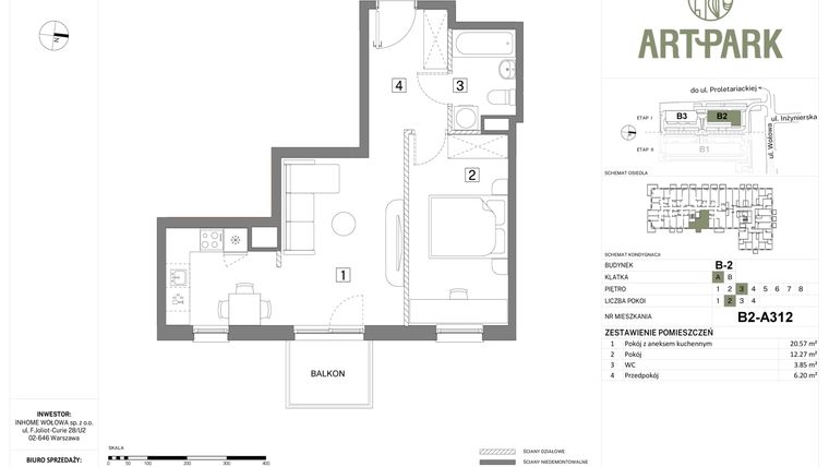 Rzut - Mieszkanie na sprzedaż 2 pokoje o powierzchni 42,89 m² - numer B.2.A312 w Inhome Osiedle ArtPark etap I