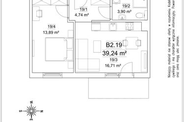 Rzut - Mieszkanie na sprzedaż 2 pokoje o powierzchni 39,45 m² - numer B2.19 w Osiedle Versus