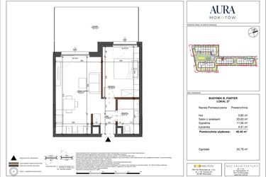 Rzut - Mieszkanie na sprzedaż 2 pokoje o powierzchni 40,4 m² - numer 37 w Aura Mokotów II