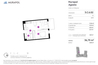Rzut - Mieszkanie na sprzedaż 1 pokój o powierzchni 36,79 m² - numer 3.C.6.02 w Murapol Agosto