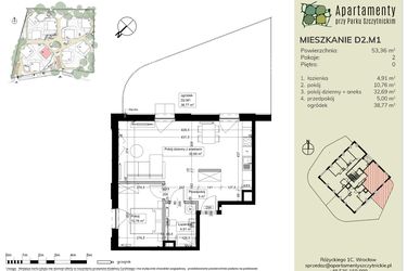 Rzut - Mieszkanie na sprzedaż 2 pokoje o powierzchni 53,36 m² - numer D2.M1 w Apartamenty przy Parku Szczytnickim