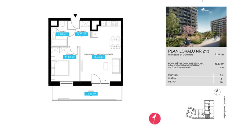 Rzut - Mieszkanie na sprzedaż 2 pokoje o powierzchni 48,53 m² - numer B3.213 w Stacja Wola - Etap III