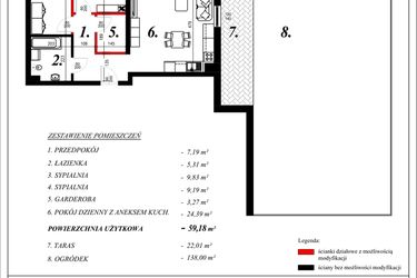 Rzut - Mieszkanie na sprzedaż 3 pokoje o powierzchni 59,18 m² - numer 1 w Enklawa Milanówek