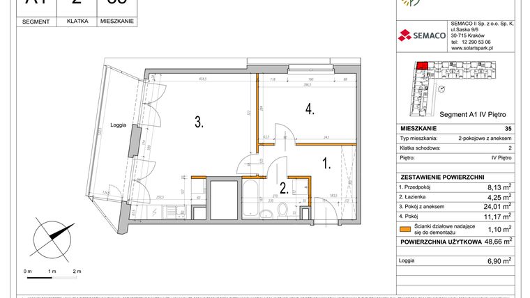 Rzut - Mieszkanie na sprzedaż 2 pokoje o powierzchni 48,66 m² - numer A1-35 w Solaris Park