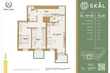 Rzut - Mieszkanie na sprzedaż 1 pokój o powierzchni 70,18 m² - numer M.39+40 w Skal