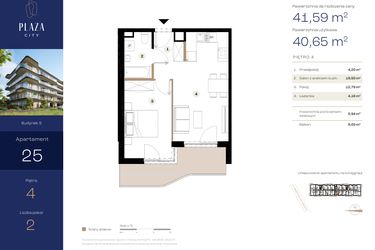 Rzut - Mieszkanie na sprzedaż 2 pokoje o powierzchni 41,59 m² - numer B5M25 w Plaza City