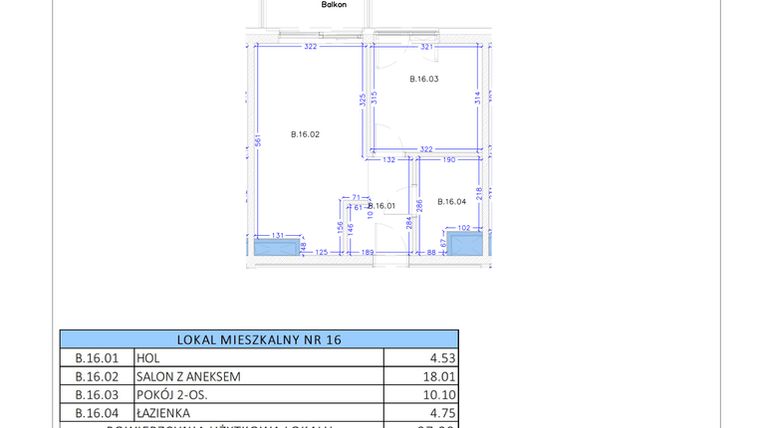 Rzut - Mieszkanie na sprzedaż 2 pokoje o powierzchni 37,39 m² - numer B.16 w Gaja Park