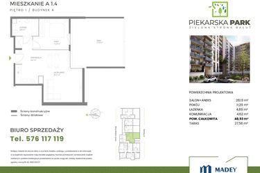 Rzut - Mieszkanie na sprzedaż 2 pokoje o powierzchni 48,93 m² - numer A1.4 w Piekarska Park