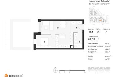 Rzut - Mieszkanie na sprzedaż 2 pokoje o powierzchni 43,09 m² - numer 5 w Koncertowa Dolina