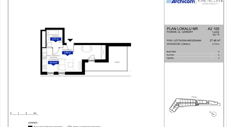 Rzut - Mieszkanie na sprzedaż 1 pokój o powierzchni 27,46 m² - numer A2.105 w Apartamenty Esencja II