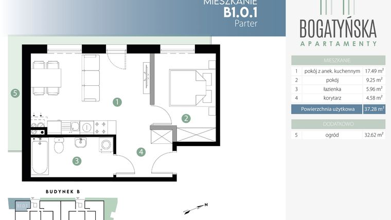 Rzut - Mieszkanie na sprzedaż 2 pokoje o powierzchni 37,28 m² - numer B1.0.1 w Bogatyńska Maślice Milo Dobry Deweloper