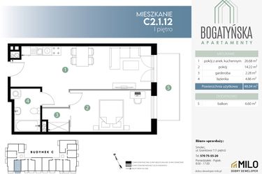 Rzut - Mieszkanie na sprzedaż 2 pokoje o powierzchni 48,04 m² - numer C2.1.12 w Bogatyńska Apartamenty etap 3