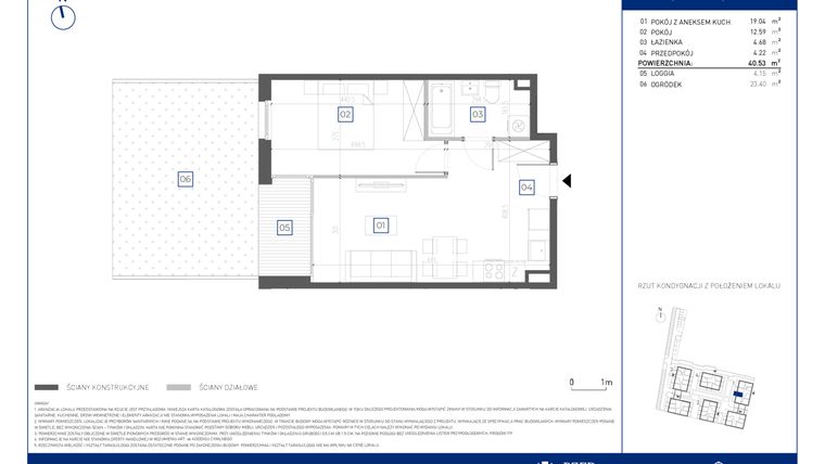 Rzut - Mieszkanie na sprzedaż 2 pokoje o powierzchni 40,53 m² - numer 1.0.4 w Atria Nowe Żerniki