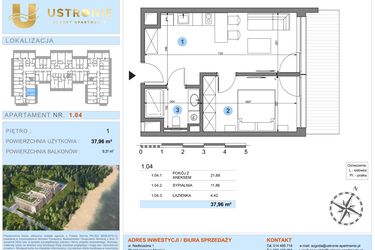 Rzut - Mieszkanie na sprzedaż 1 pokój o powierzchni 37,96 m² - numer 1.4 w Ustronie Luxury Apartments