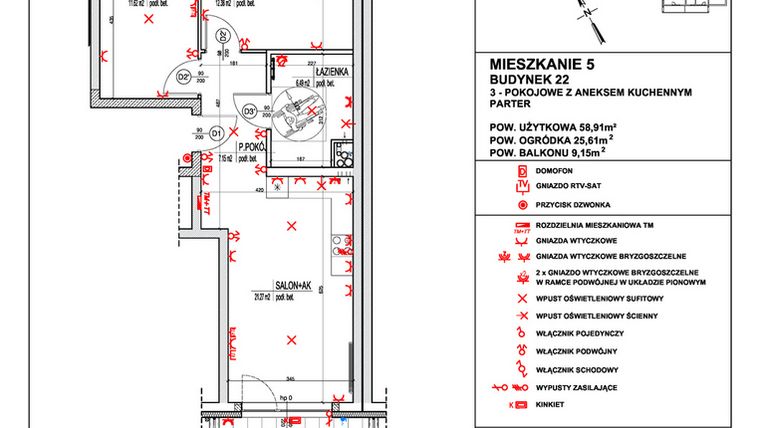 Rzut - Mieszkanie na sprzedaż 3 pokoje o powierzchni 58,91 m² - numer 5 w Osiedle 4 Pory Roku - Etap VIII