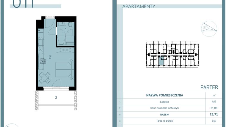 Rzut - Mieszkanie na sprzedaż 1 pokój o powierzchni 25,71 m² - numer 011 w Linea Mare Mrzeżyno