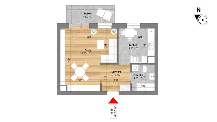 Rzut - Mieszkanie na sprzedaż 1 pokój o powierzchni 43,57 m² - numer M18 w Przy Kochanowskiego