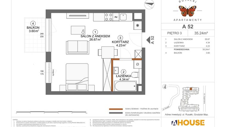 Rzut - Mieszkanie na sprzedaż 1 pokój o powierzchni 35,24 m² - numer A52 w Apartamenty Rusałki