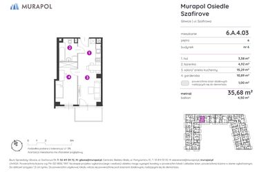 Rzut - Mieszkanie na sprzedaż 1 pokój o powierzchni 35,68 m² - numer 6.A.4.03 w Murapol Osiedle Szafirove
