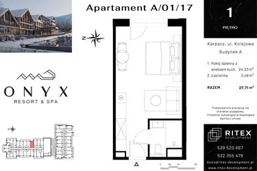Rzut - Mieszkanie na sprzedaż 1 pokój o powierzchni 27,71 m² - numer 01.A17 w Onyx Resort & Spa
