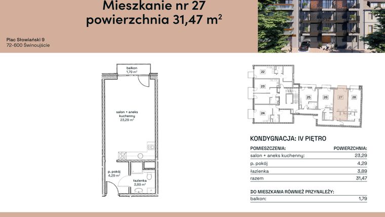 Rzut - Mieszkanie na sprzedaż 1 pokój o powierzchni 31,47 m² - numer M27 w Plac Słowiański 9