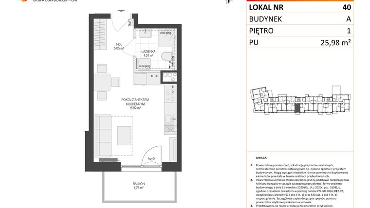 Rzut - Mieszkanie na sprzedaż 1 pokój o powierzchni 25,98 m² - numer A40 w Osiedle Warszawska etap IV