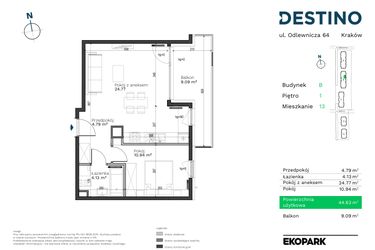 Rzut - Mieszkanie na sprzedaż 2 pokoje o powierzchni 44,63 m² - numer B-13 w Destino
