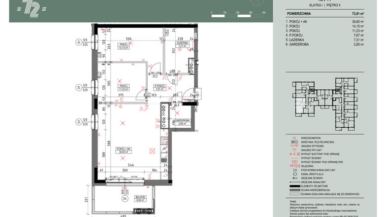 Rzut - Mieszkanie na sprzedaż 3 pokoje o powierzchni 73,65 m² - numer 11 w Wspólnota Mieszkaniowa Gajowa 72