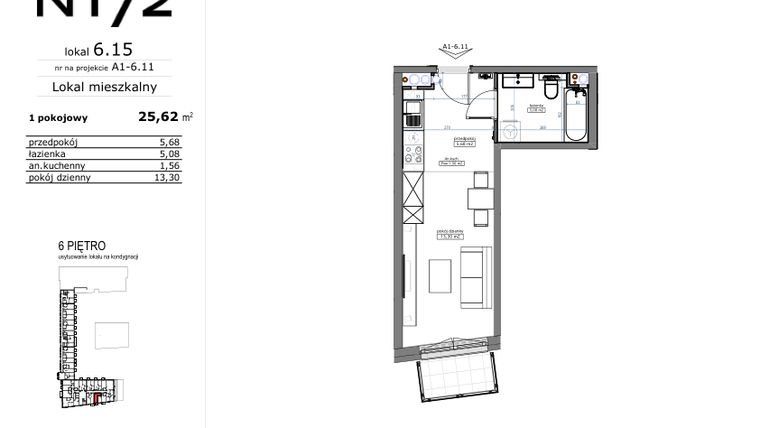 Rzut - Mieszkanie na sprzedaż 1 pokój o powierzchni 25,62 m² - numer 06.15 w Naramowicka 172