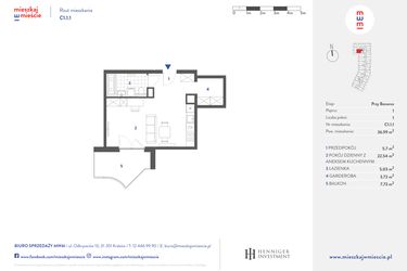 Rzut - Mieszkanie na sprzedaż 1 pokój o powierzchni 36,99 m² - numer C1.1.1 w Mieszkaj w mieście - przy Bonarce